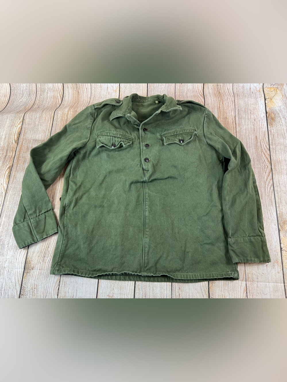 Mens Vintage Bulgarian Military Field Shirt Green Olive Utility Canvas Large